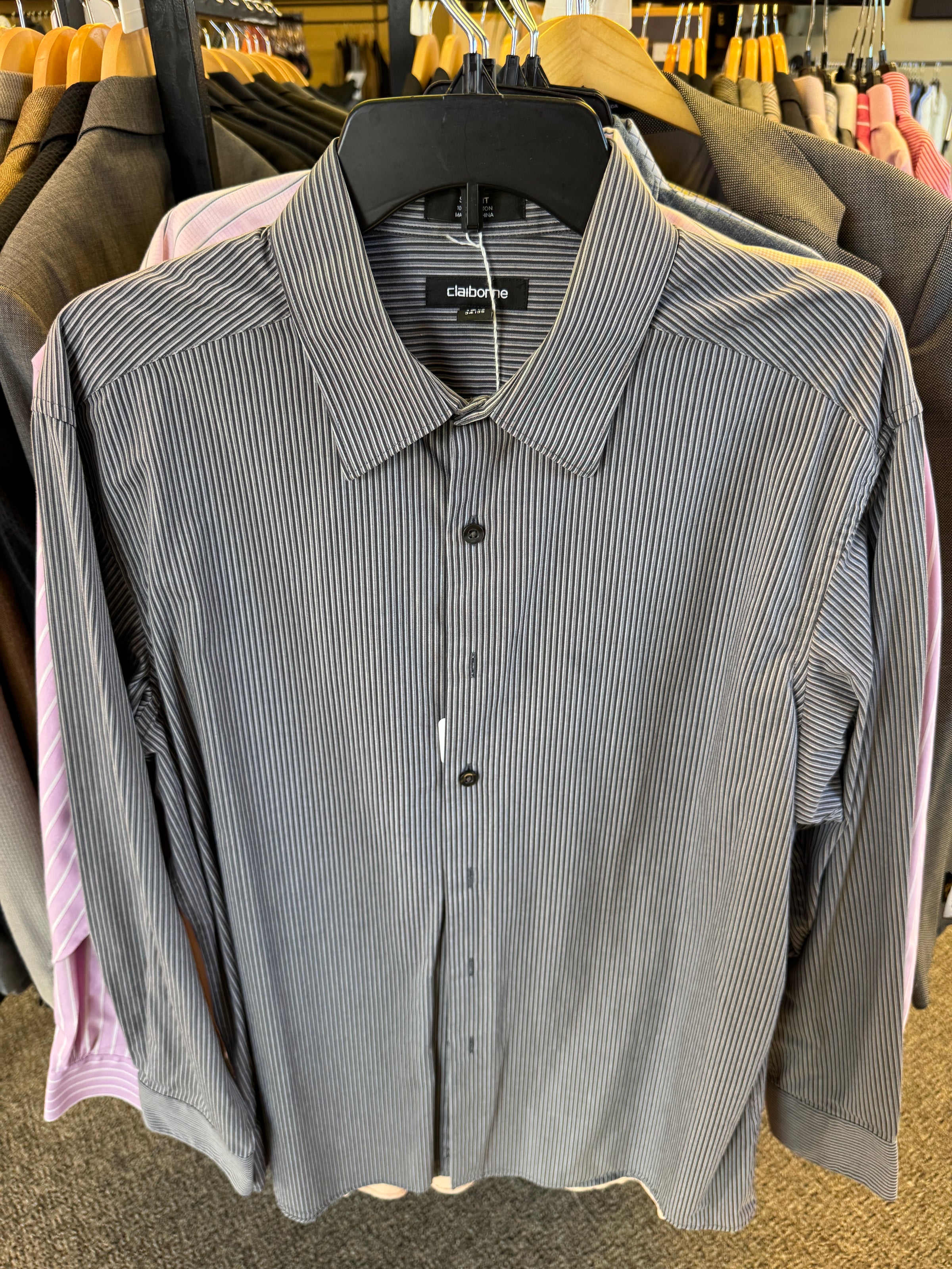 Claiborne Dress Shirt  Charcoal Stripe (16.534/35 Slim Fit)